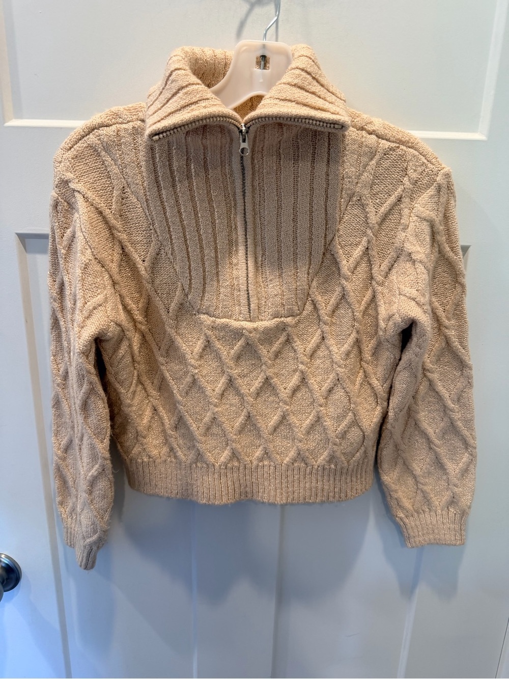 Derek Heart Cable Knit Quarter Zip Sweater Medium Cropped Beige Cozy Pullover
